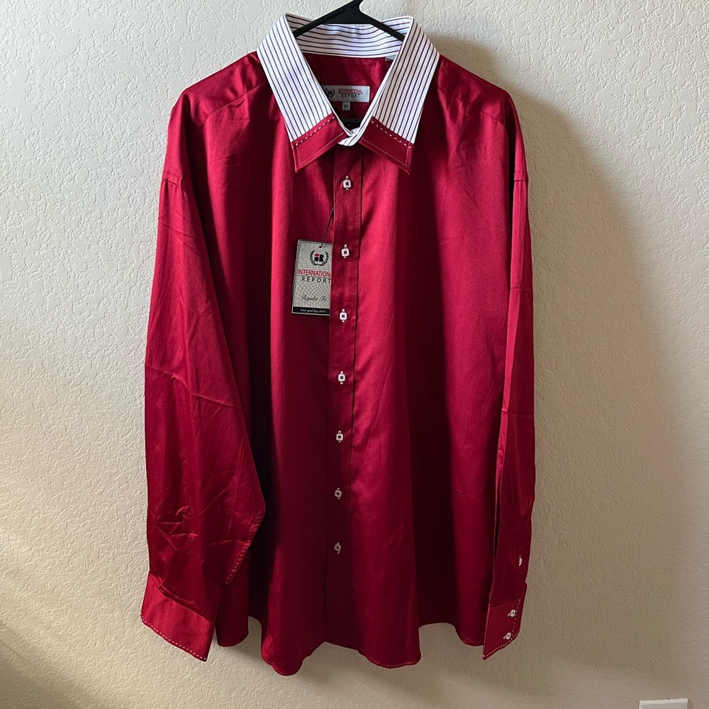 Red International Report Mens Dress Shirt Long Sleeve, White Collar & Cuffs, 3XL